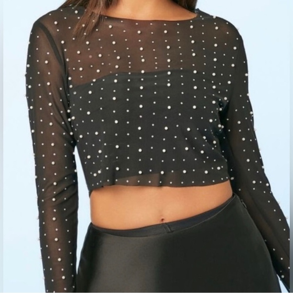 Forever 21 Black Studded Mesh Long Sleeve Top